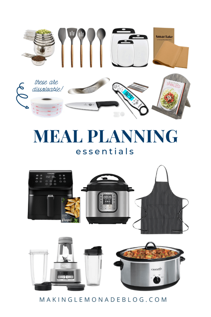 collage of meal prep tools and essentials
