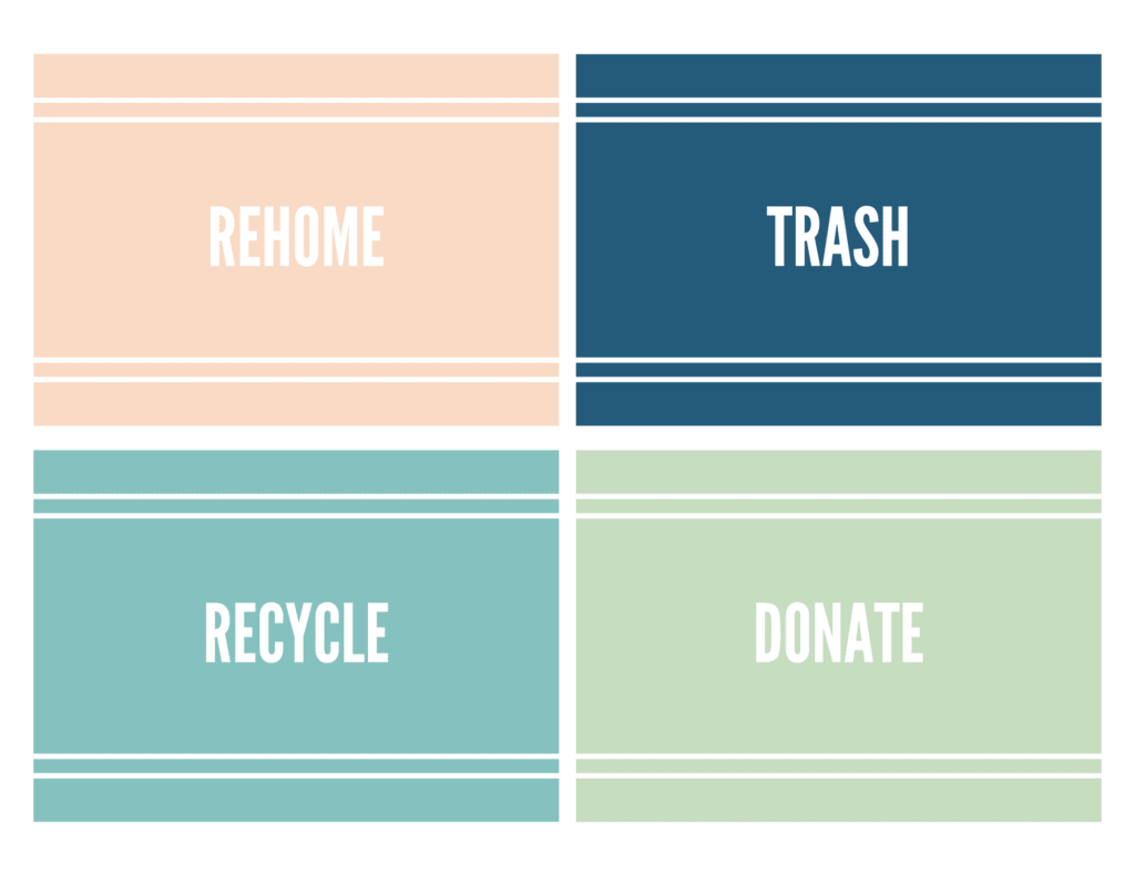 printable sorting signs that say rehome, trash, recycle, and donate