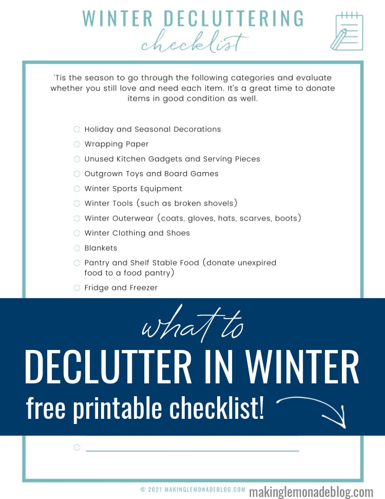 free printable decluttering checklist for winter with text