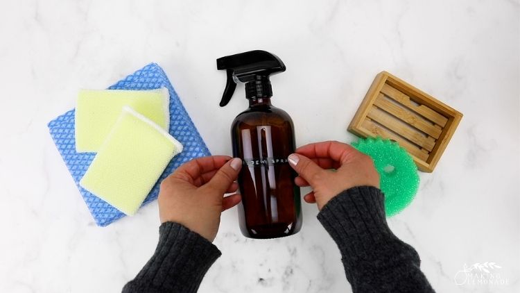 mold and mildew spray bottle on bathroom counter