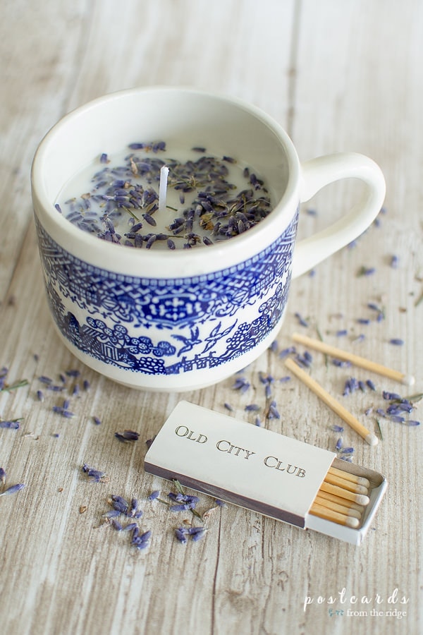 homemade candle gift idea in blue and white mug
