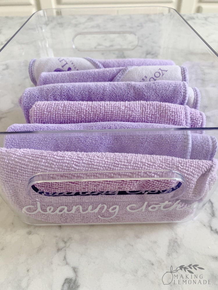 microfiber cleaning cloths in bin