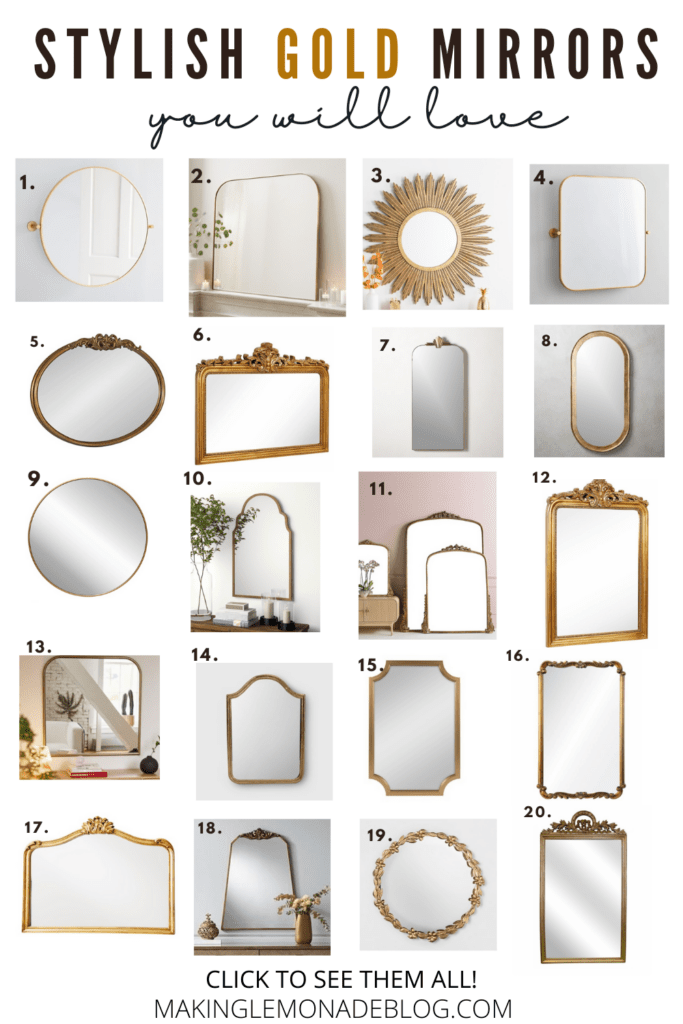 collage of stylish gold mirrors