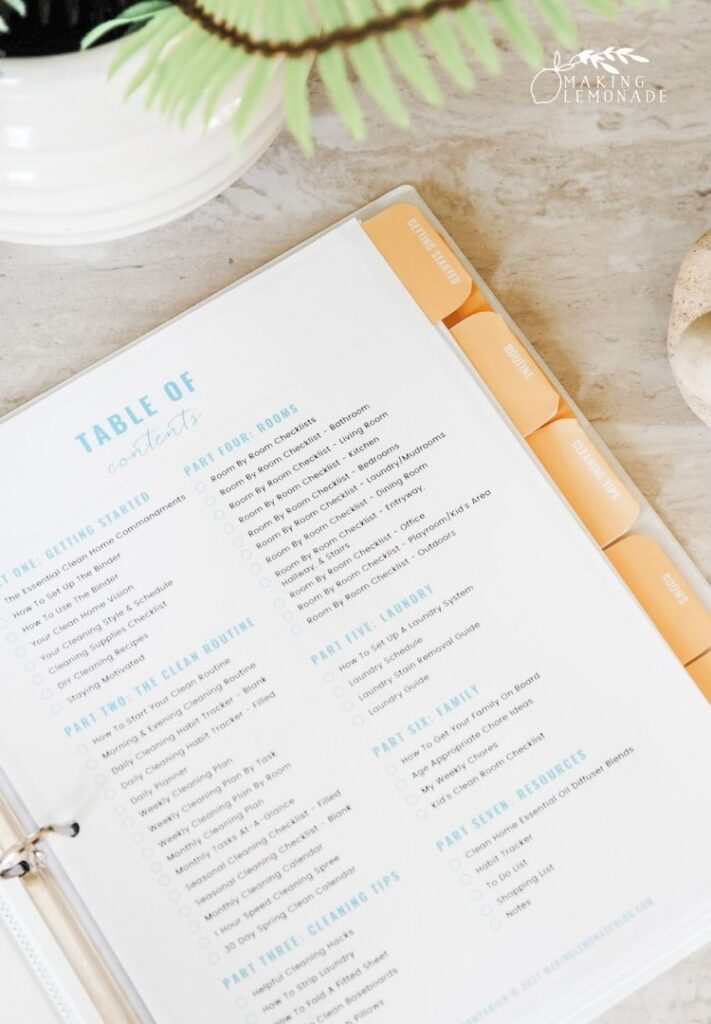 table of contents in printable cleaning binder