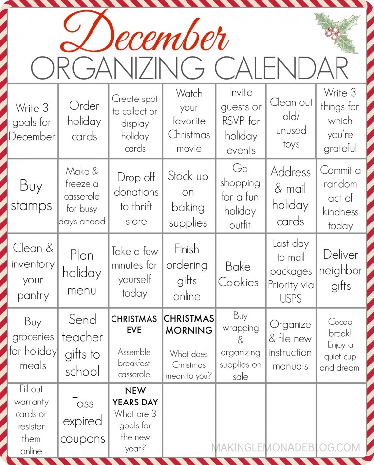 FREE PRINTABLE December Organizing Calendar