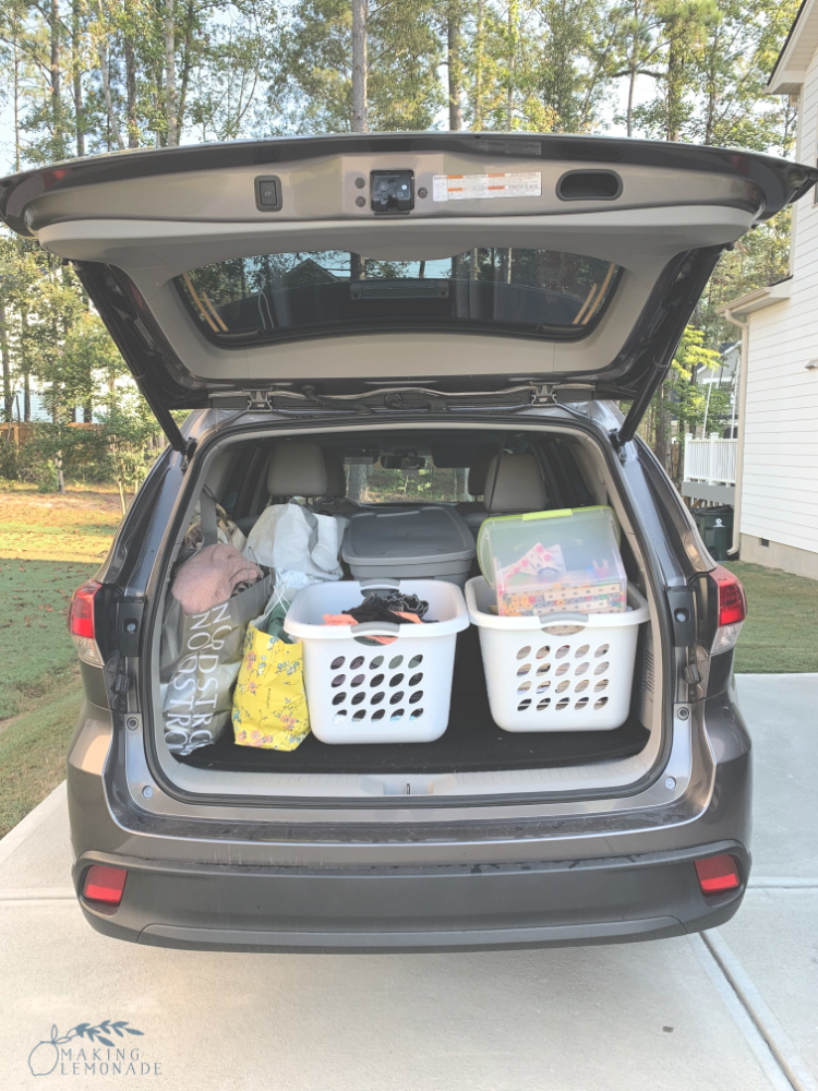 car trunk with donations