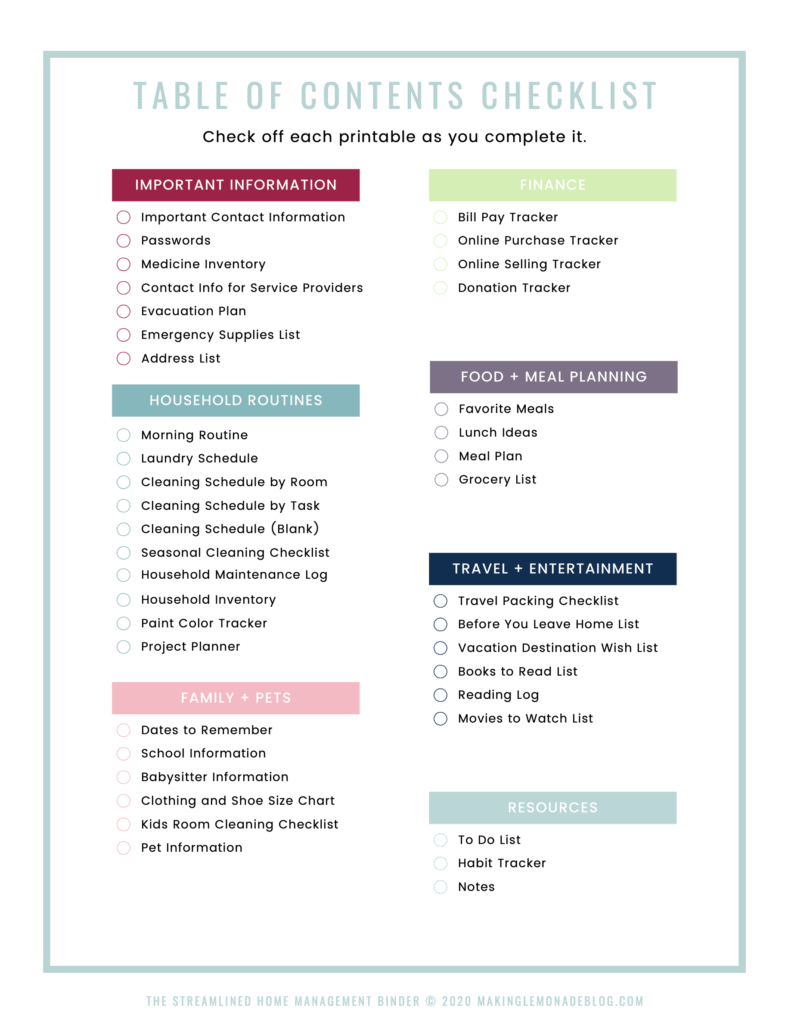 printable home binder checklist