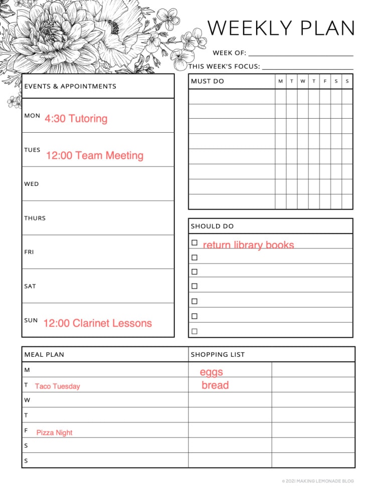 weekly planning page with custom text