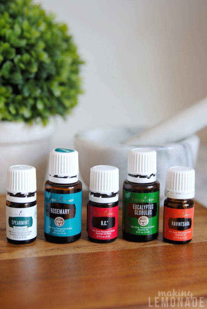 5 jars of essential oils: Spearmint, Rosemary, RC, Eucalyptus, and Ravintsara