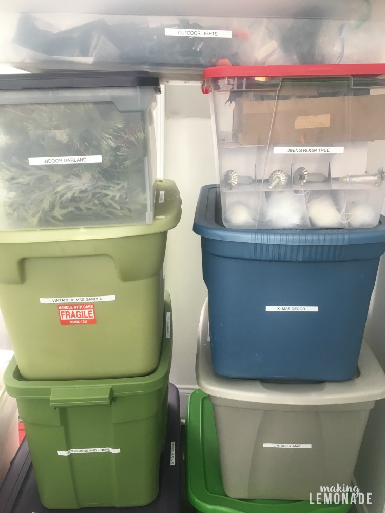 bins storing Christmas decorations