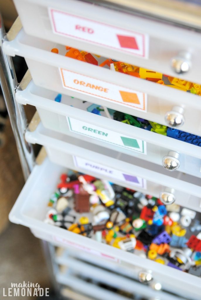 how to organize toys in your home y storing LEGO bricks in storage cart
