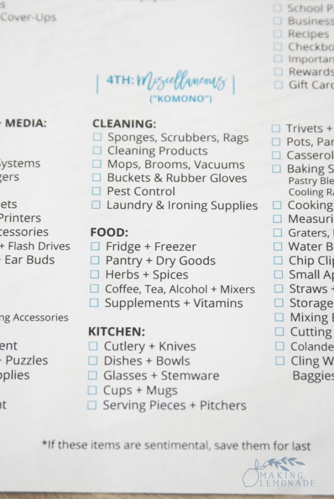category list in the ultimate KonMari decluttering checklist