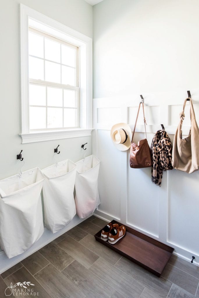 laundry sorter and hooks in mudroom