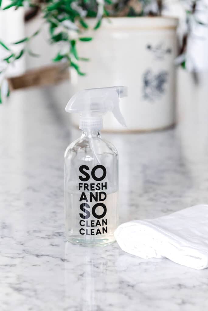 beautiful light-filled kitchen with spray bottle that says 'so fresh and so clean clean'