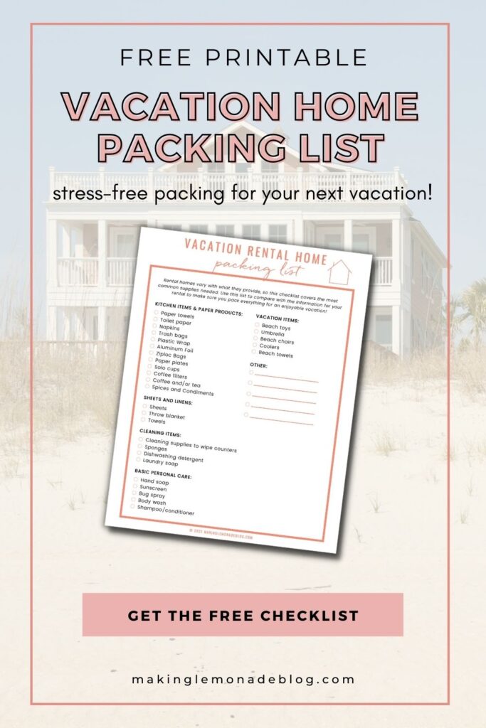 free printable vacation home rental checklist with beach house in background