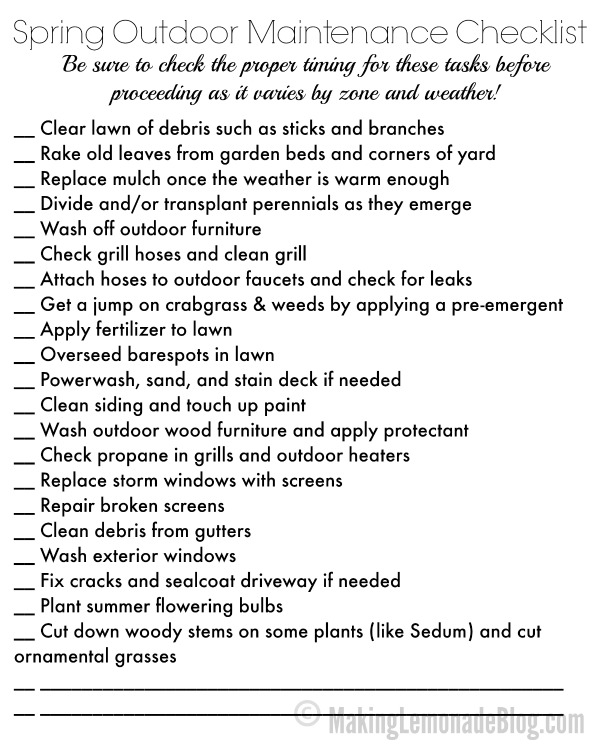 Free Printable Spring Outdoor Maintenance Checklist