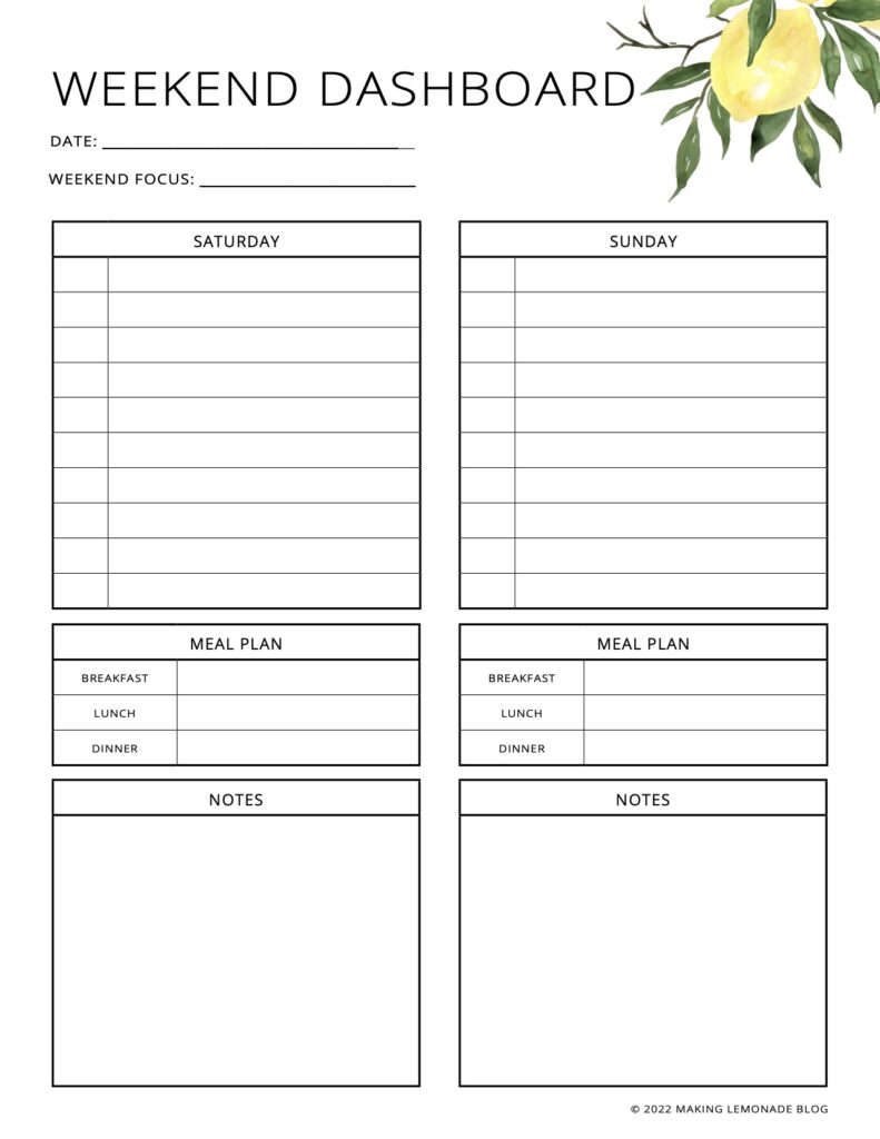 free printable weekend planner printable